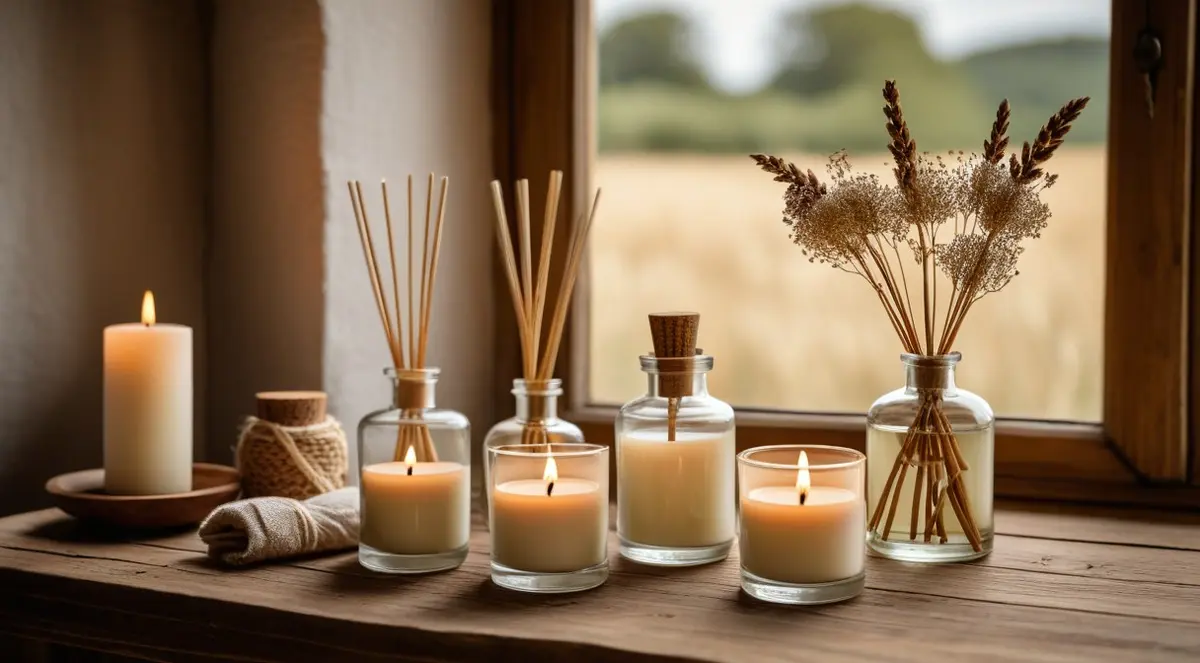 Bougies artisanales et diffuseurs sur un rebord de fenêtre en bois